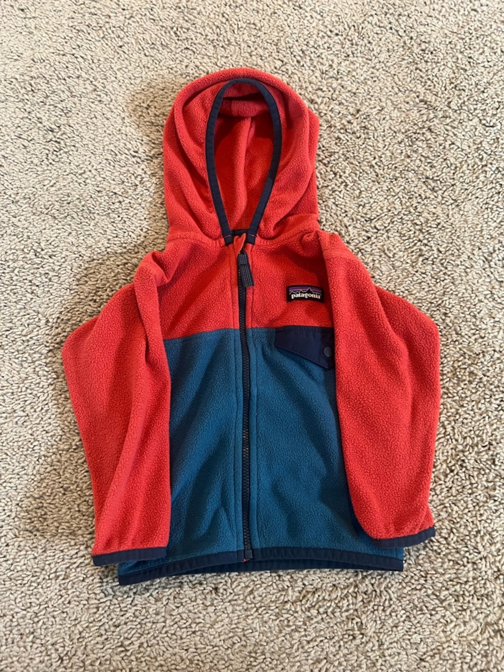 Patagonia Toddler Red Fleece Hooded Jacket with Teal Trim